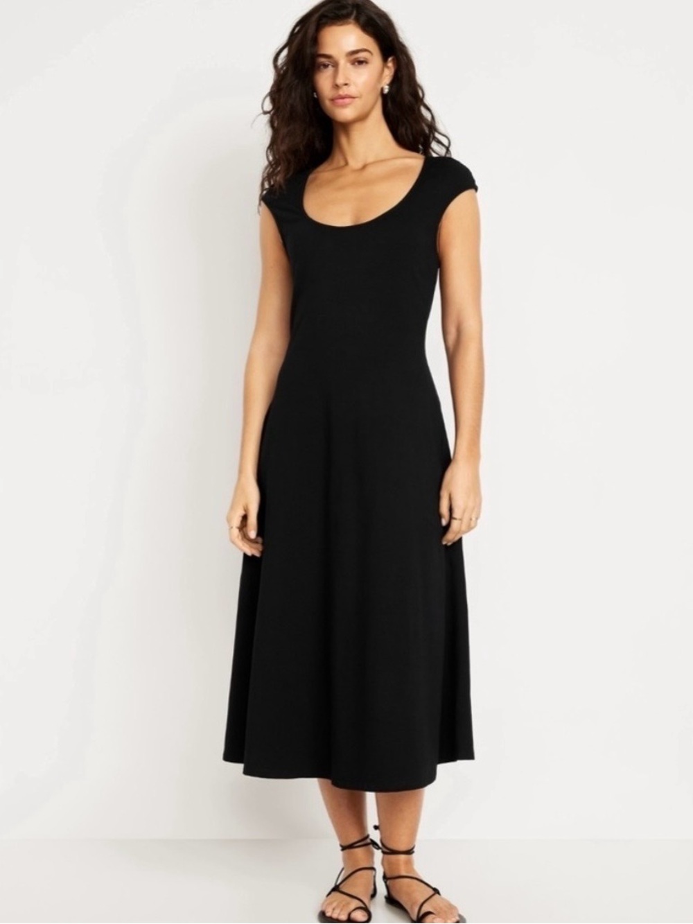Black Cap-Sleeve Scoop Neck Midi Dress